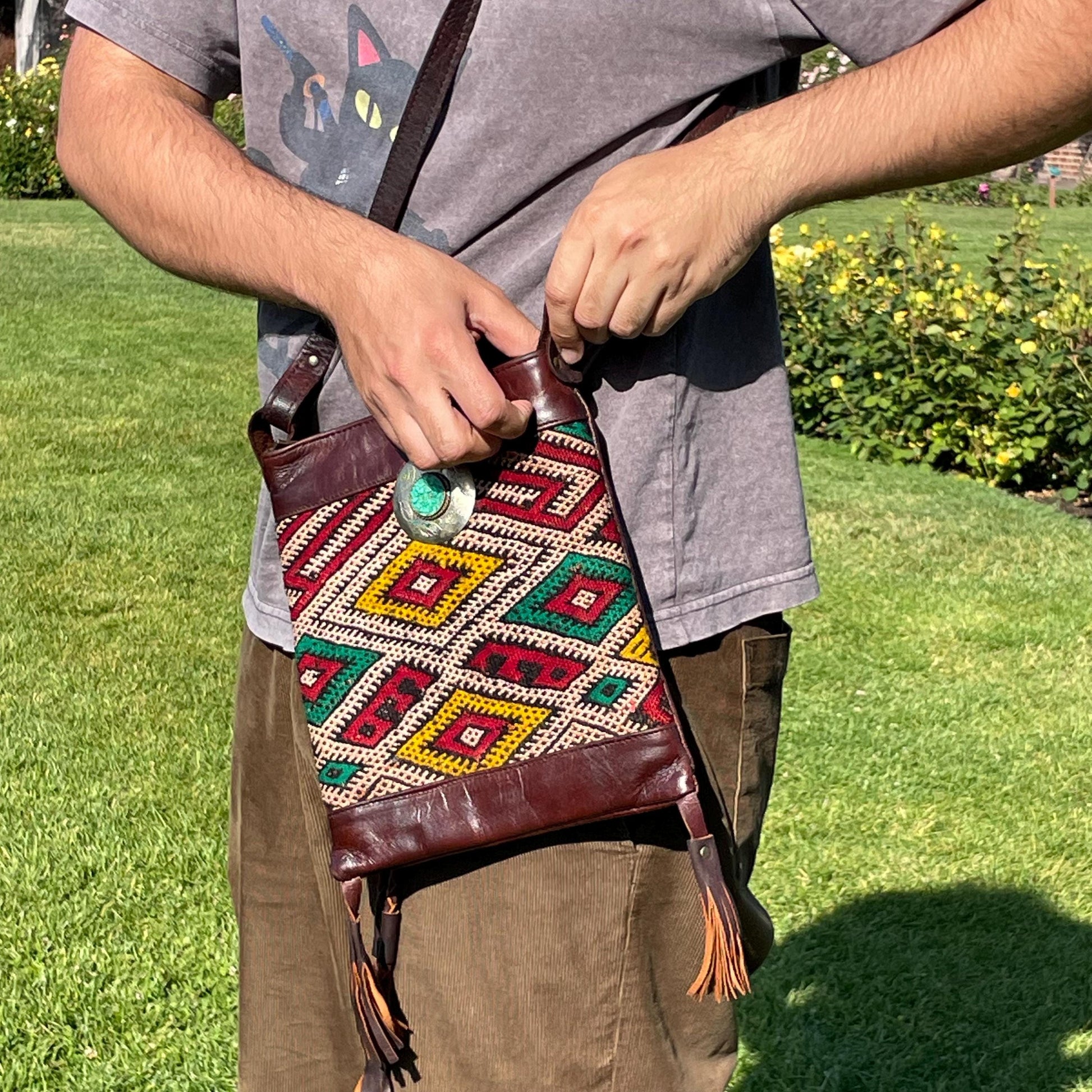 Vintage Handmade Woven Moroccan Leather Bag