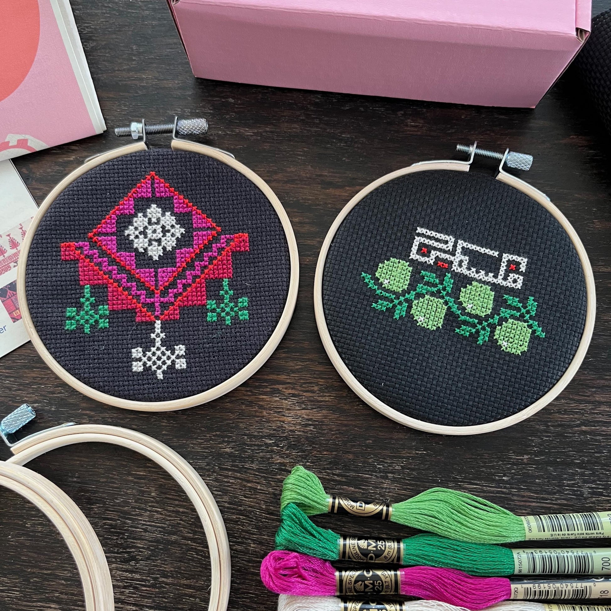 Tatreez kits with chandelier and olive branch & Palestine design. black aida cloth in embroidery hoop. view from above