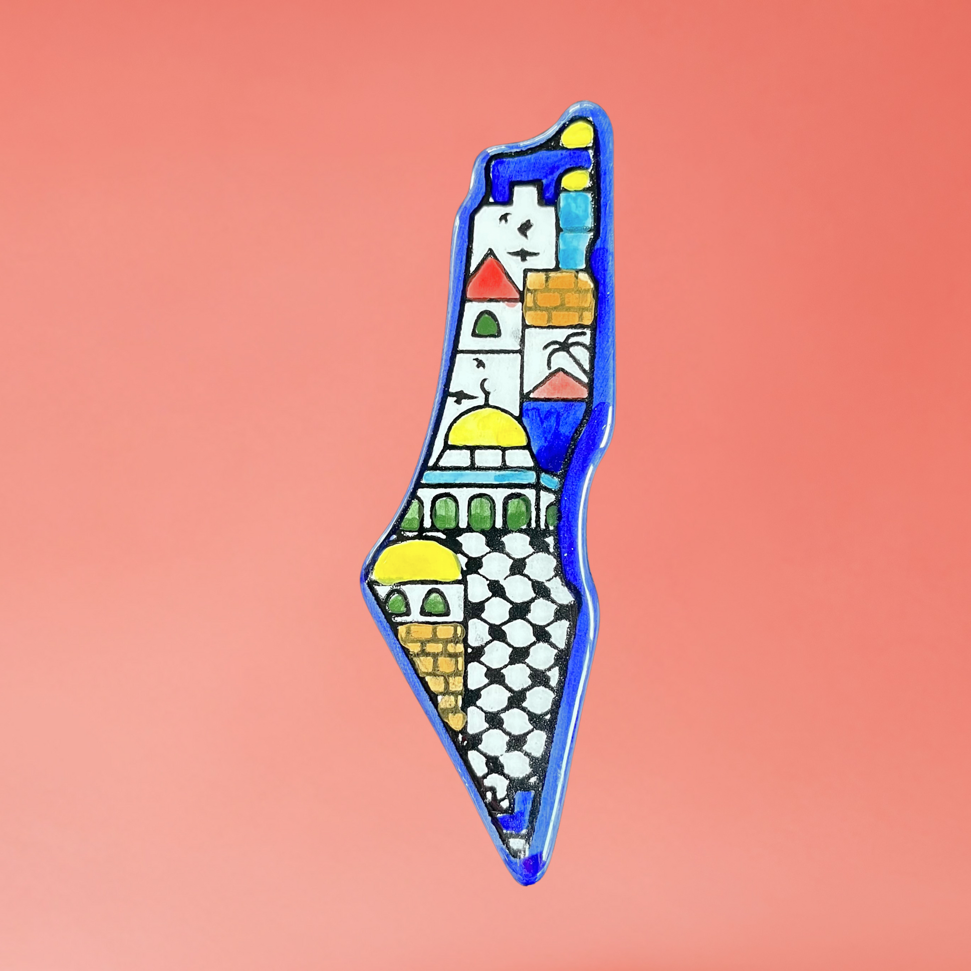 Ceramic Palestine map fridge magnet with Al-Quds Jerusalem city design. front view on pink background