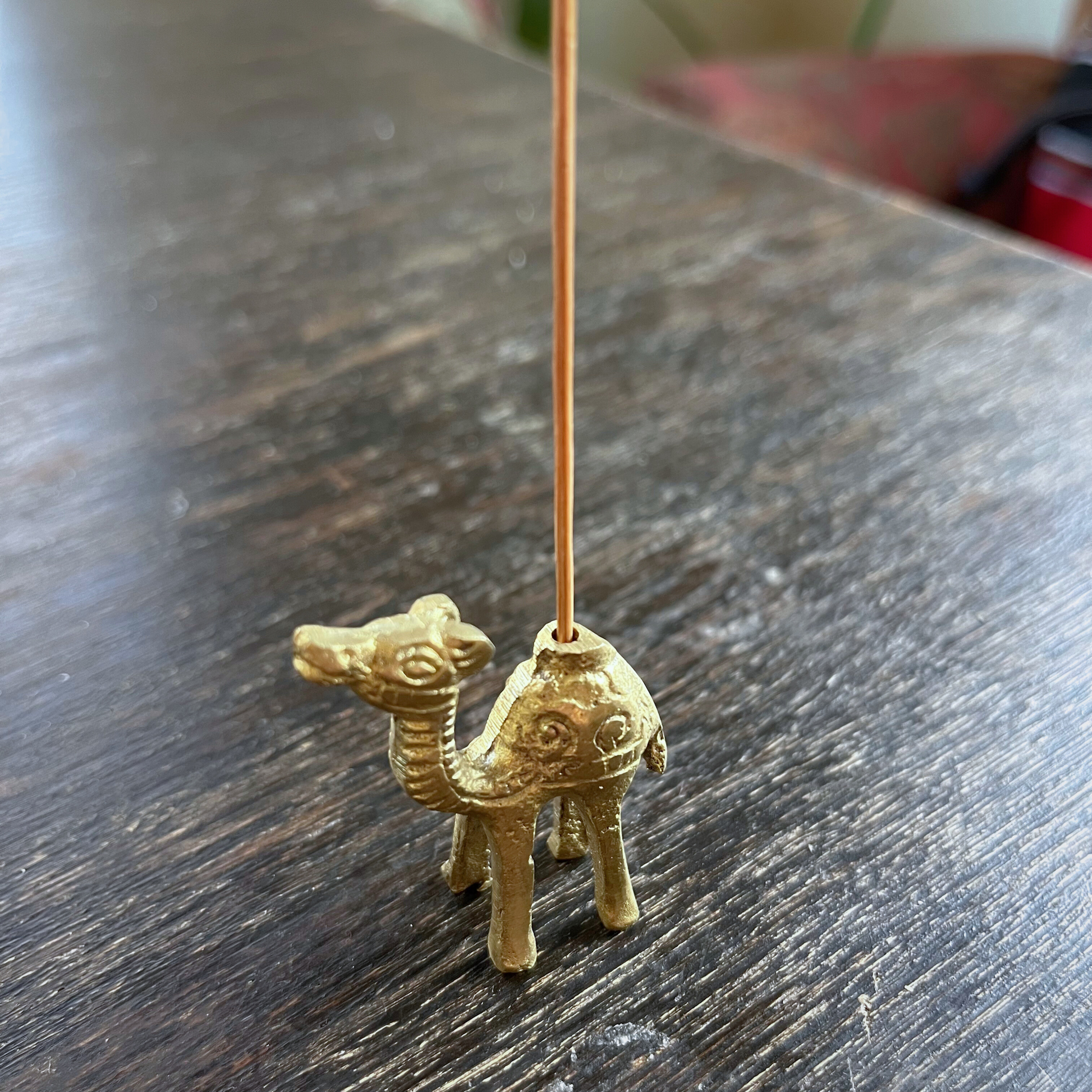 brass, gold camel incense holder, side view standing on a wood table