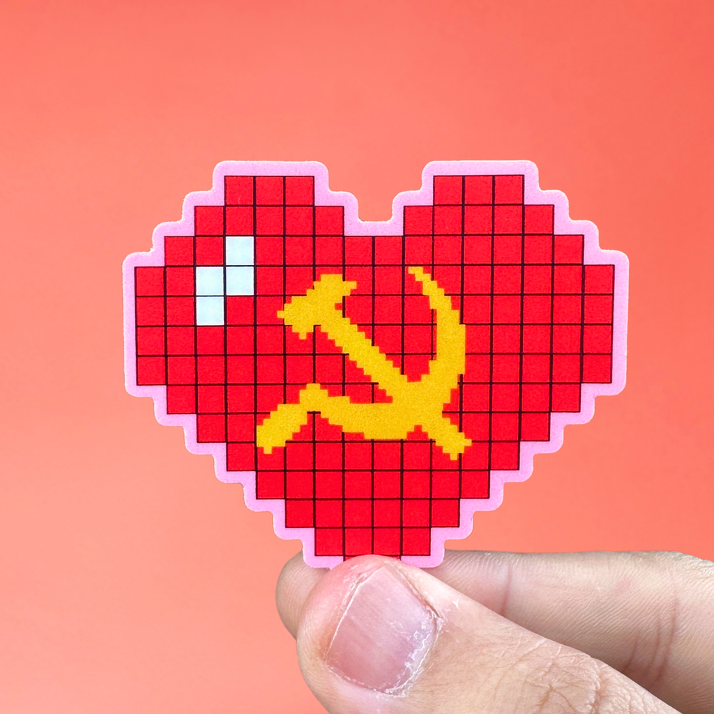 Pixelated heart-shaped sticker with a yellow hammer and sickle symbol on a pink background socialist sticker communist sticker ussr sticker