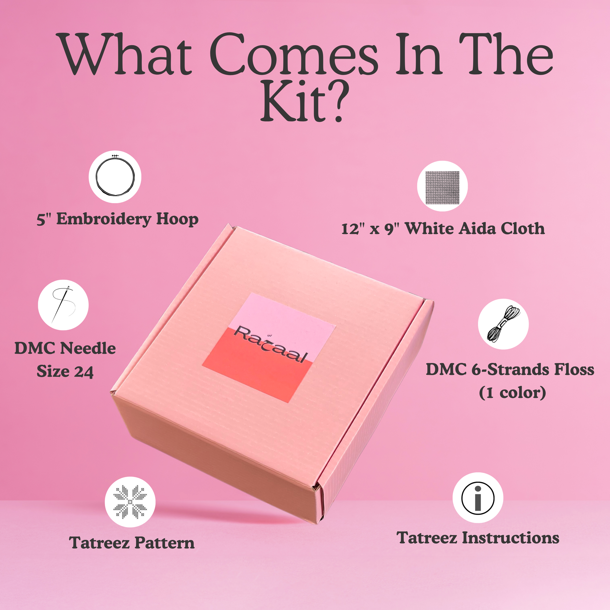 Rahaal tatreez kit box with a list of what comes inside, including white aida cloth, embroidery hoops, DMC 6-strand floss, tatreez pattern, DMC needle size 24, and tatreez instructions for beginners.
