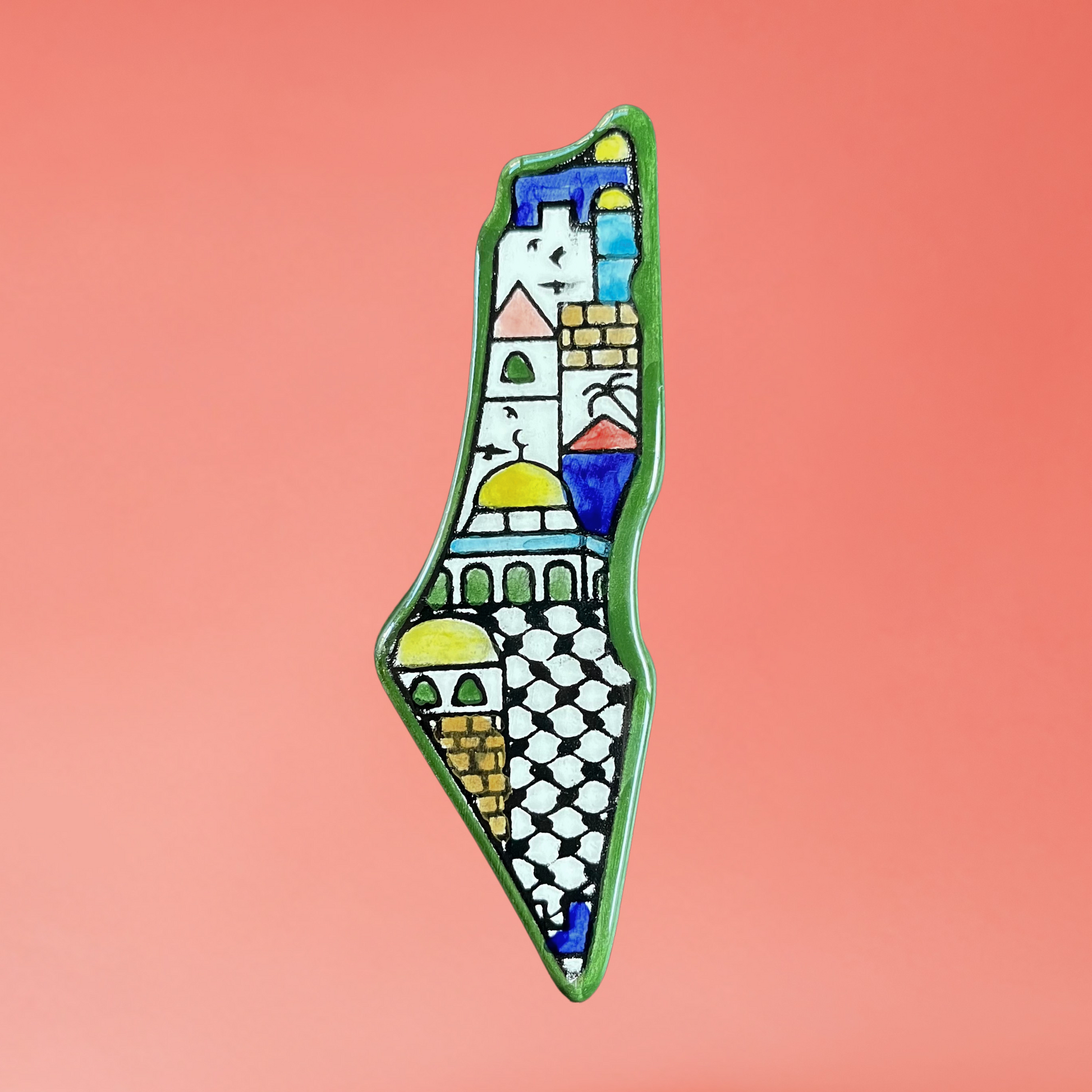 Ceramic Palestine map fridge magnet with Al-Quds Jerusalem city design. front view on pink background