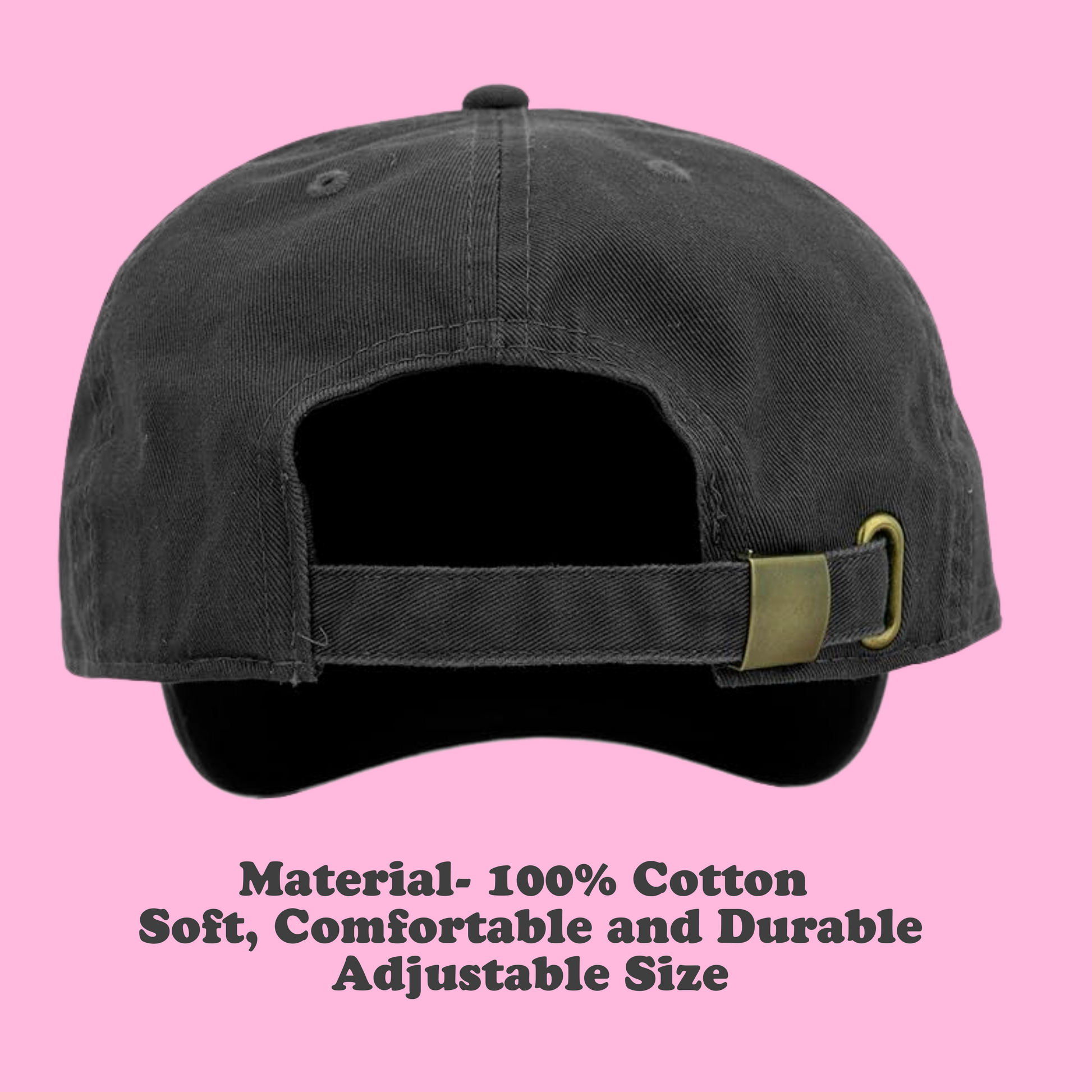 back view of Palestinian embroidered black baseball hat, adjustable and made from 100% Cotton. This hat features an original embroidered design of the word "Palestine" using Arabic Kufic calligraphy. text: soft, comfortable, and durable