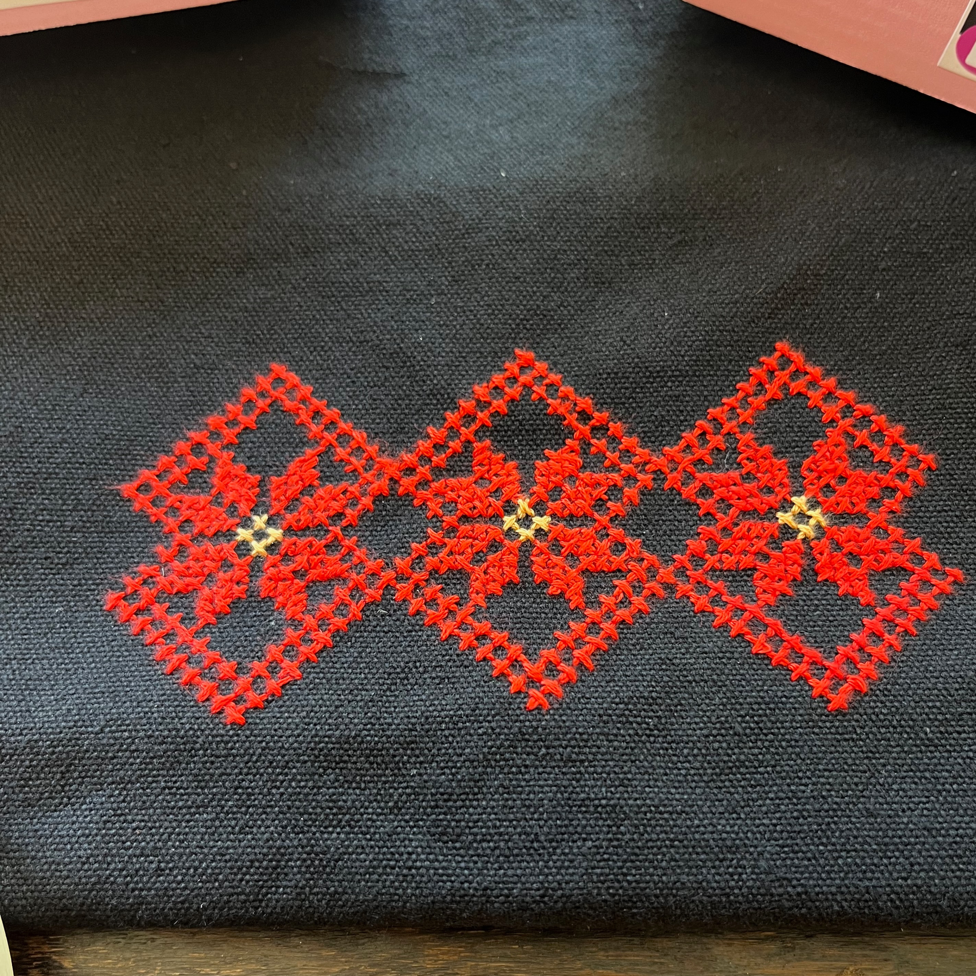 close up of Ramallah star moon tatreez pattern on black tote bag