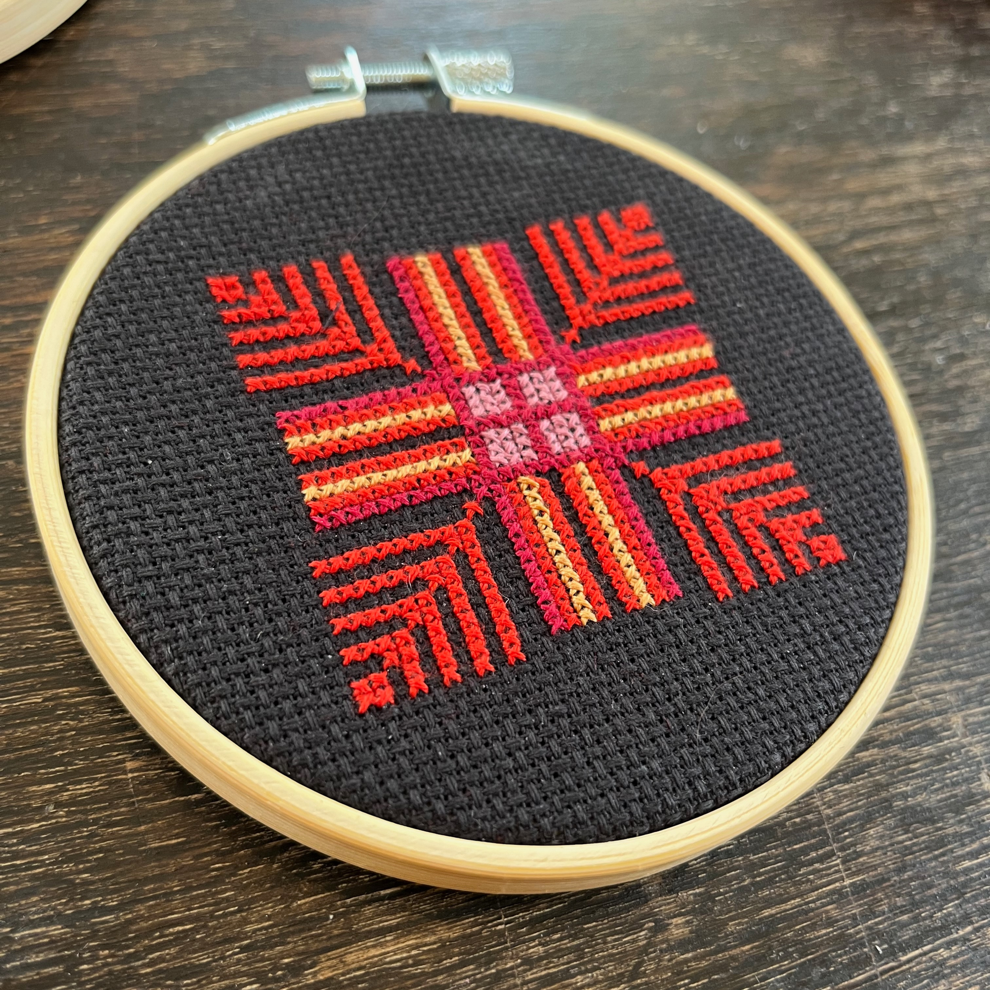 Tatreez kit with moon with feathers Palestinian tatreez design. black aida cloth, embroidery hoop, view from above