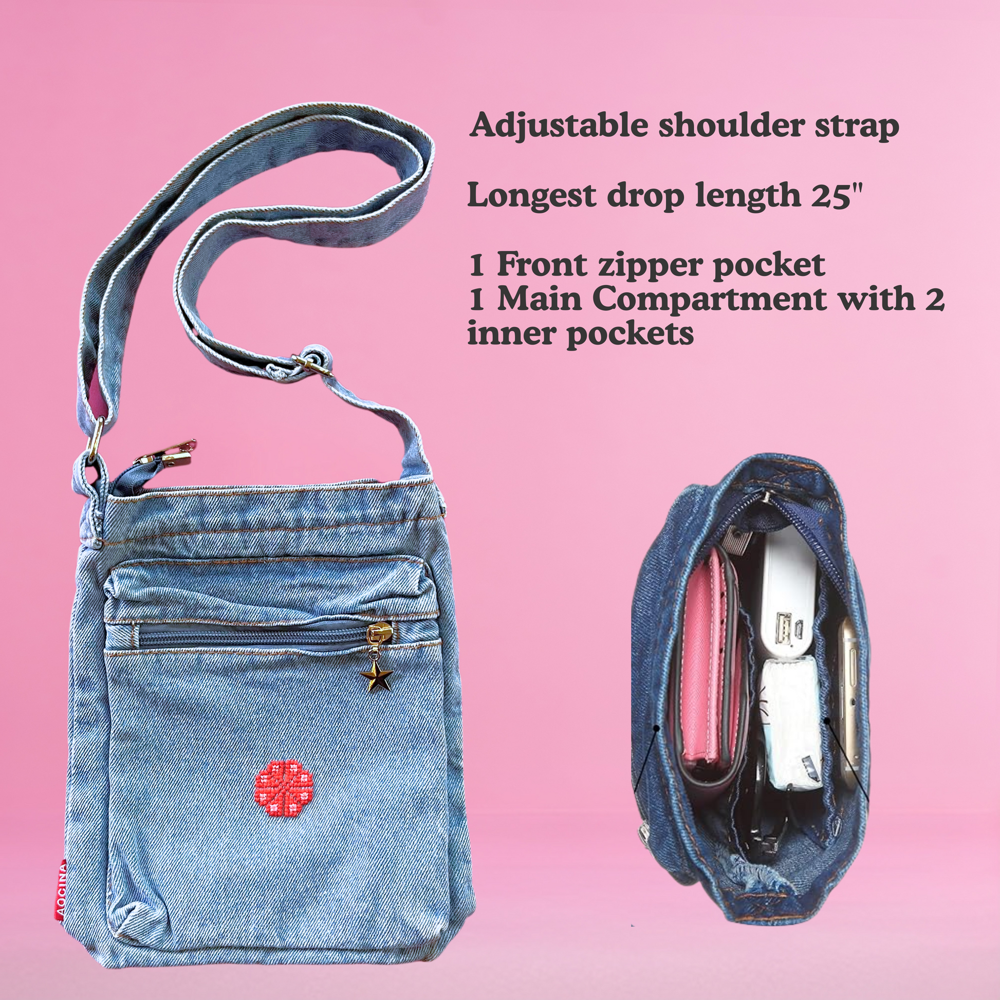 light blue denim purse with handmade palestinian tatreez embroidery flower on wooden background. view from above. text says: adjustable shoulder strap, front zipper pocket and two inner pockets