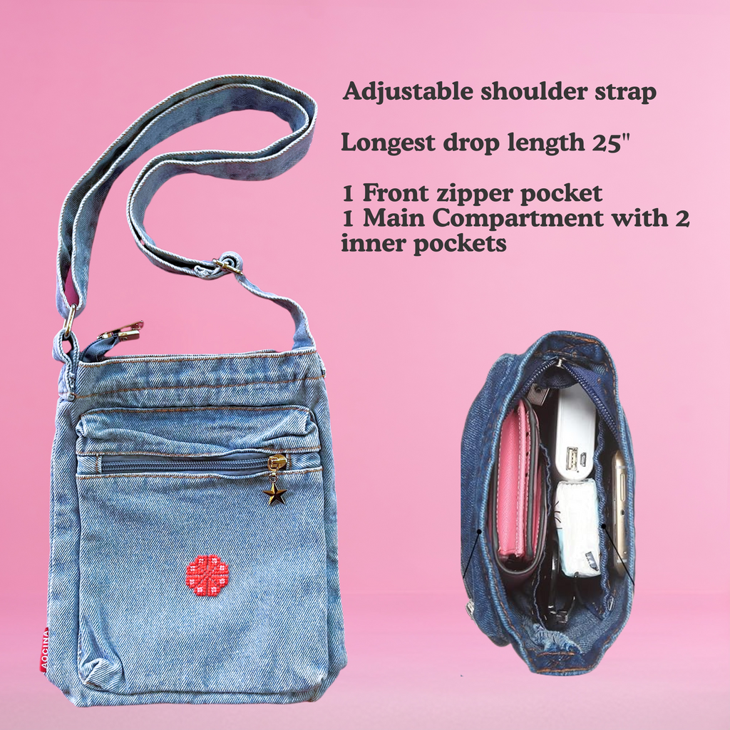 light blue denim purse with handmade palestinian tatreez embroidery flower on wooden background. view from above. text says: adjustable shoulder strap, front zipper pocket and two inner pockets