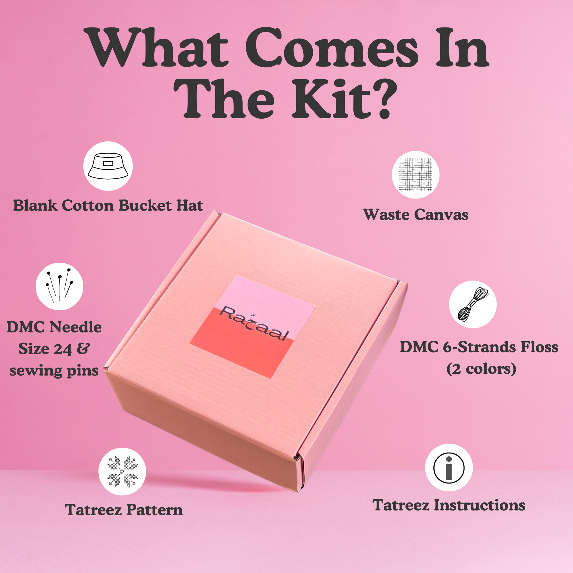 Rahaal tatreez kit box with a list of what comes inside, including a black cotton bucket hat, waste canvas, DMC 6-strand floss, tatreez pattern, DMC needle size 24 and sewing pins, and tatreez instructions for beginners.