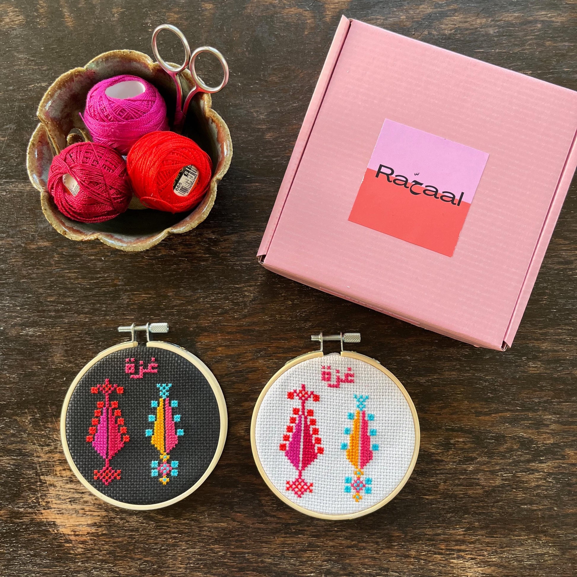 cypress trees tatreez finished project top view with the pink box