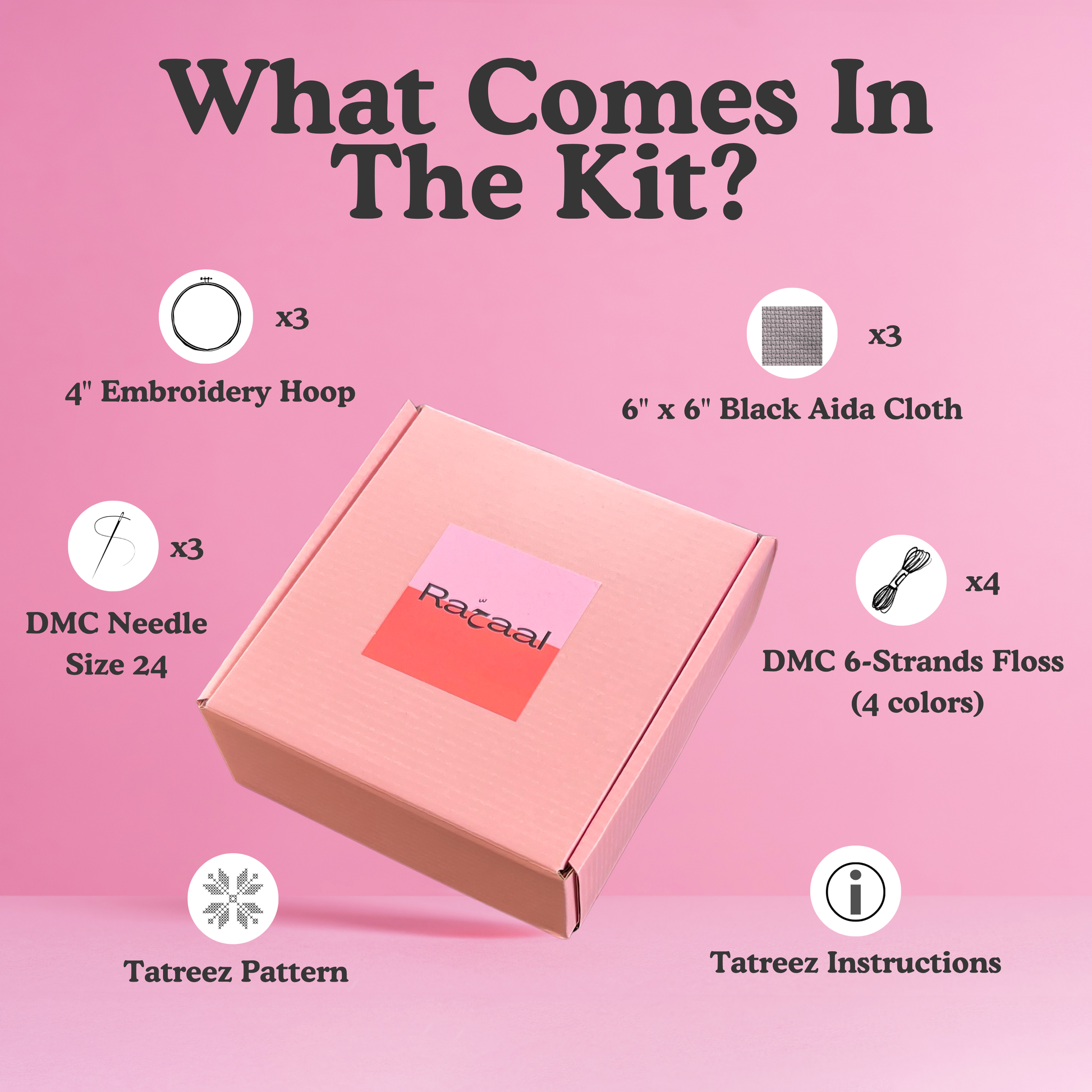 Rahaal tatreez kit box with a list of what comes inside, including black aida cloth, embroidery hoops, DMC 6-strand floss, tatreez pattern, DMC needle size 24, and tatreez instructions for beginners.