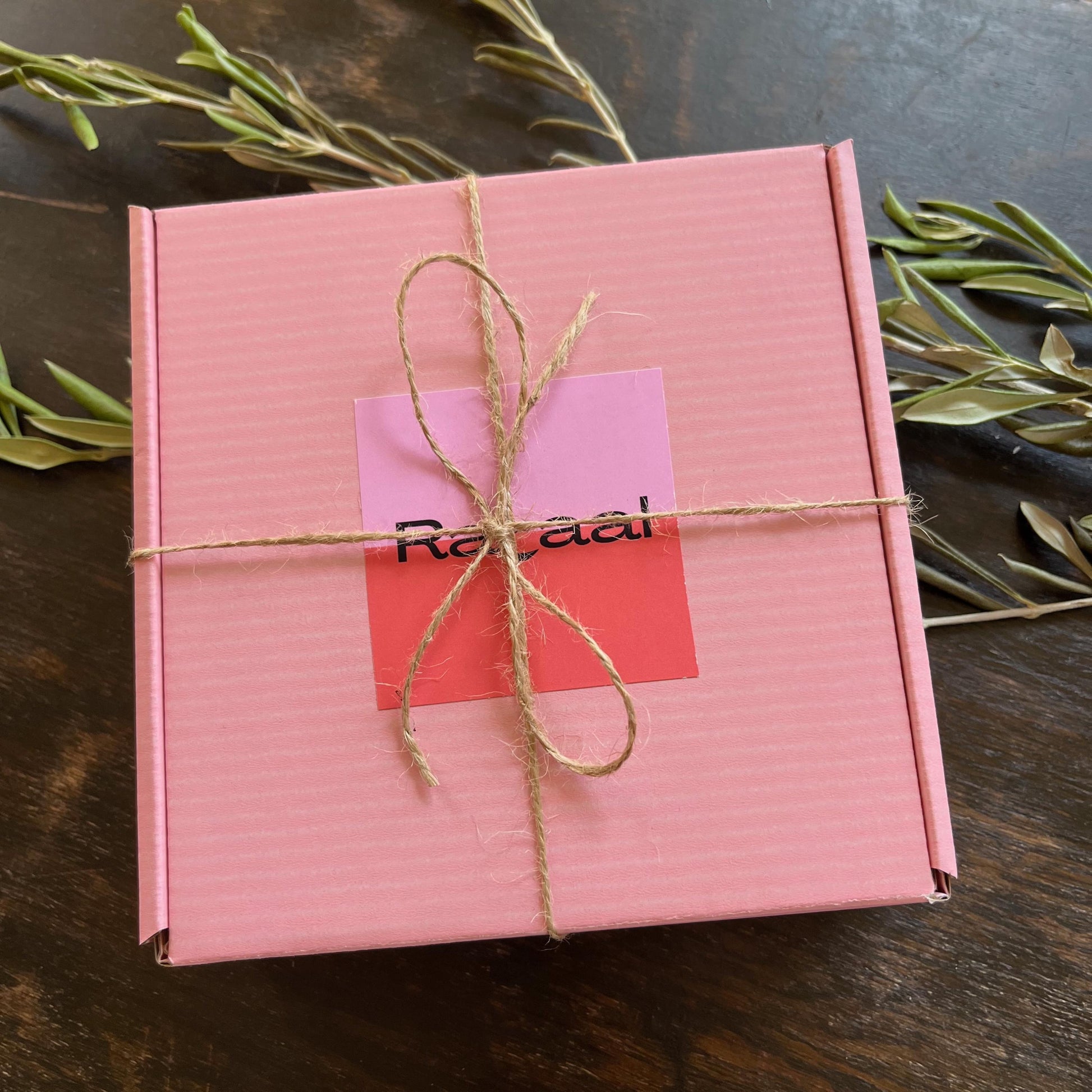 Rahaal pink tatreez kit box, tied with twine, on top of an olive branch. view from above