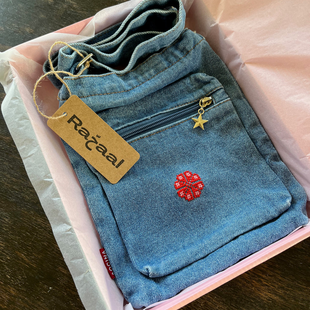Denim Bag with Hand-Embroidered Rose Tatreez